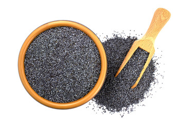 Poppy seeds in bowl over white background