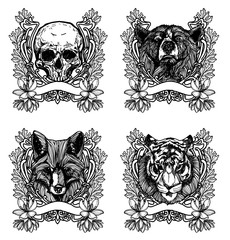 Tattoo art animal drawing and sketch black and white with line art illustration isolated on white background.