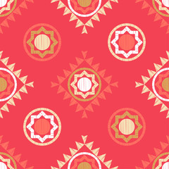 Octagonal star and polka dots. Ethnic boho seamless pattern. Lace. Embroidery on fabric. Patchwork texture. Weaving. Traditional ornament. Tribal pattern. Folk motif.