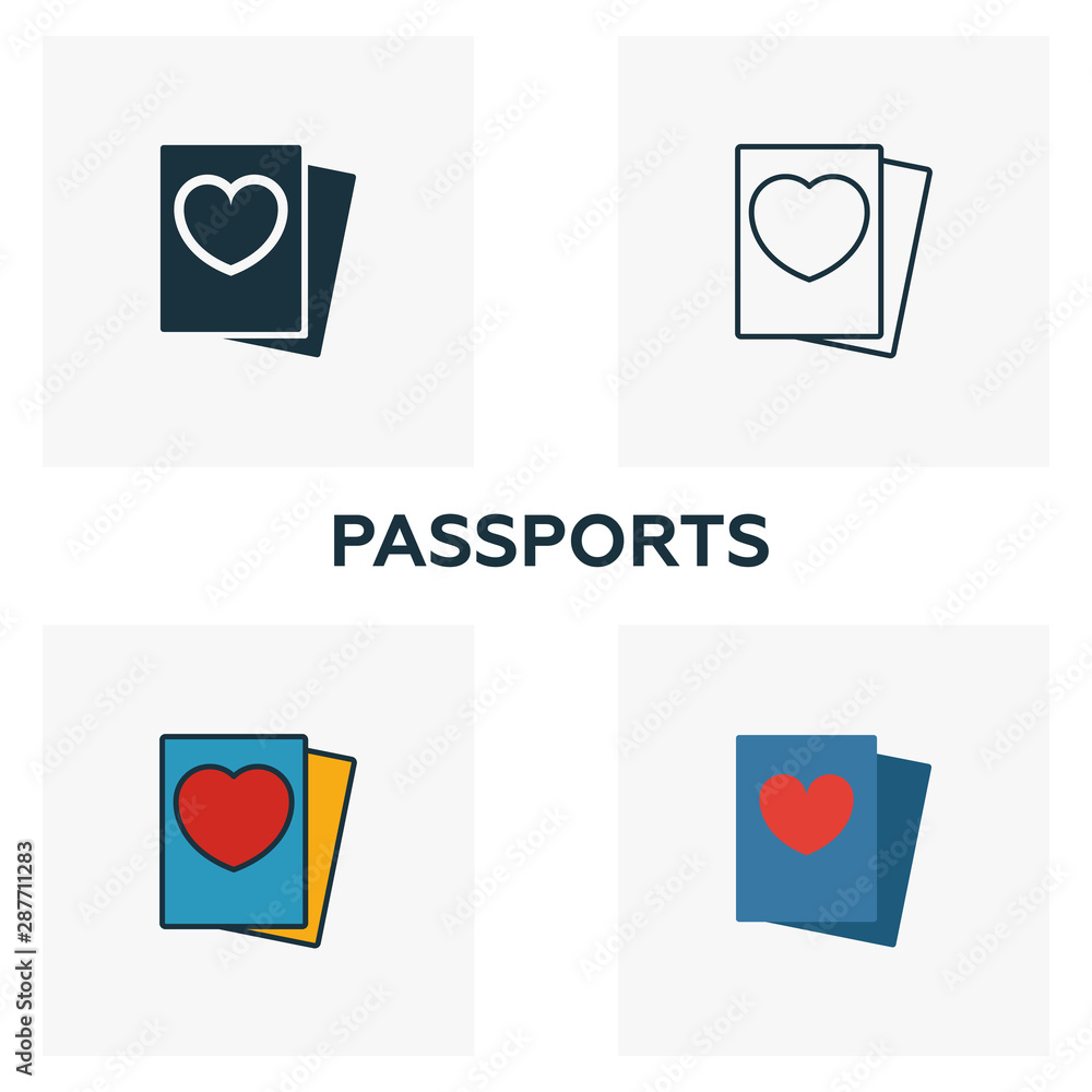 Poster passports icon set. four elements in diferent styles from honeymoon icons collection. creative passp