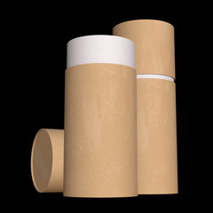 Kraft paper cardboard tube package mock up. 3d render on black background.