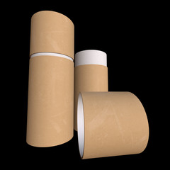 Kraft paper cardboard tube package mock up. 3d render on black background.