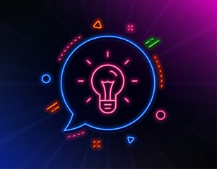 Idea line icon. Neon laser lights. Light bulb sign. Copywriting symbol. Glow laser speech bubble. Neon lights chat bubble. Banner badge with idea icon. Vector