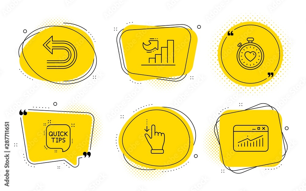 Poster quick tips, undo and website statistics signs. chat bubbles. heartbeat timer, touchscreen gesture an