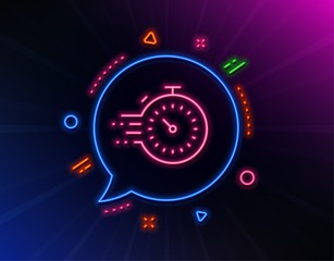 Timer line icon. Neon laser lights. Time management sign. Stopwatch symbol. Glow laser speech bubble. Neon lights chat bubble. Banner badge with timer icon. Vector
