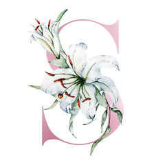 Letter S with watercolor flowers lilies and leaves. Floral alphabet, monogram initials perfectly for wedding invitation, birthday, greeting card, logo and other. Holiday design hand painting.