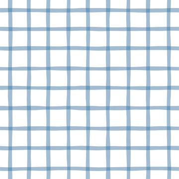 Blue plaid minimalist vector seamless pattern. Pastel checker on white background. Hand drawn stripes backdrop. Simple geometric squares textile print. Traditional Scottish fabric design