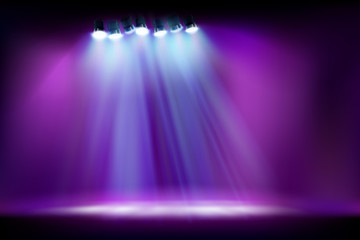 Empty stage before the show. Spotlights on purple background. Vector illustration. - 287712032