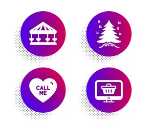 Call me, Carousels and Christmas tree icons simple set. Halftone dots button. Web shop sign. Love sweetheart, Attraction park, Spruce. Shopping cart. Holidays set. Classic flat call me icon. Vector
