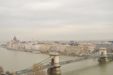 Fototapeta na wymiar Danube River embankment from Buda castle in Budapest on December 29, 2017.