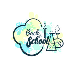 Back to school. Flasks on white background with bright blotches of paint. Vector illustration