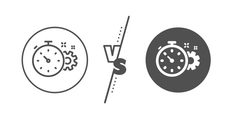 Engineering tool sign. Versus concept. Cogwheel with timer line icon. Cog gear symbol. Line vs classic cogwheel timer icon. Vector