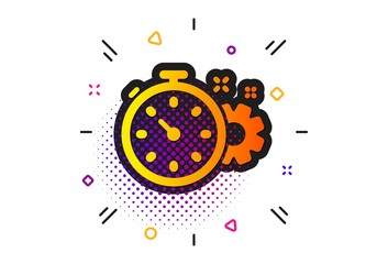 Engineering tool sign. Halftone circles pattern. Cogwheel with timer icon. Cog gear symbol. Classic flat cogwheel timer icon. Vector