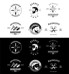 Set Of Barbershop Logo Design Vintage silhouette Vector Stock on the white background . haircut Logo Vintage Hispter badge .	