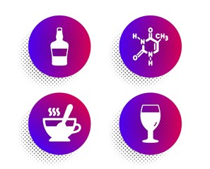 Scotch bottle, Chemical formula and Tea cup icons simple set. Halftone dots button. Beer glass sign. Brandy alcohol, Chemistry, Coffee with spoon. Brewery beverage. Business set. Vector