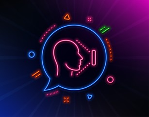 Face scanning line icon. Neon laser lights. Phone Face id sign. Head identification symbol. Glow laser speech bubble. Neon lights chat bubble. Banner badge with face id icon. Vector