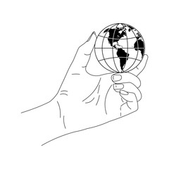 Hand holds globe of planet earth. Line art. Isolated. On White background. 