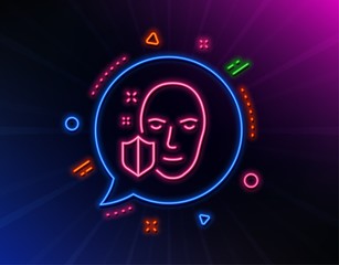 Face detection protected line icon. Neon laser lights. Secure access sign. Facial identification symbol. Glow laser speech bubble. Neon lights chat bubble. Vector