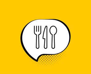 Food line icon. Comic speech bubble. Cutlery sign. Fork, knife, spoon symbol. Yellow background with chat bubble. Food icon. Colorful banner. Vector