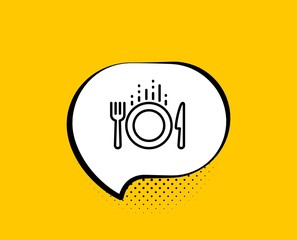 Food line icon. Comic speech bubble. Cutlery sign. Fork, knife symbol. Yellow background with chat bubble. Food icon. Colorful banner. Vector