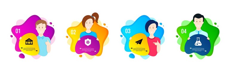 Paper plane, Carousels and Clean skin icons simple set. People shapes timeline. Chemistry lab sign. Airplane, Attraction park, Cold protect. Laboratory. Business set. Dynamic shape offer. Vector
