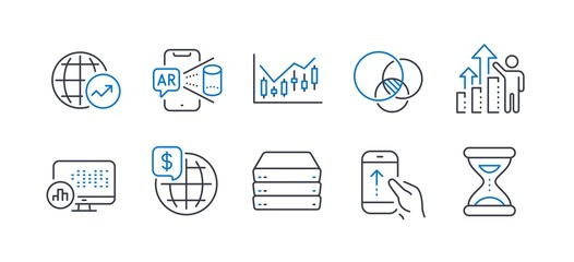 Set of Science icons, such as Financial diagram, World money, World statistics, Servers, Swipe up, Euler diagram, Report statistics, Augmented reality, Employee results, Time line icons. Vector