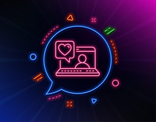 Friends chat line icon. Neon laser lights. Friendship love sign. Assistance business symbol. Glow laser speech bubble. Neon lights chat bubble. Banner badge with friends chat icon. Vector