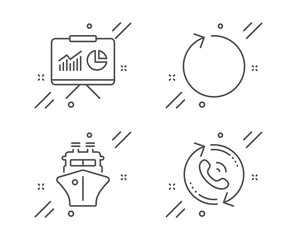 Obraz premium Ship, Presentation and Loop line icons set. Call center sign. Shipping watercraft, Board with charts, Refresh. Recall. Technology set. Line ship outline icon. Vector