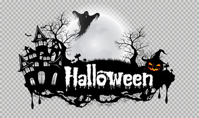 Happy Halloween background with pumpkin and ghost, haunted house and full moon