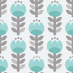 Scandinavian style tulips floral vector gray and light blue seamless pattern. Wrapping paper design. - 287715041