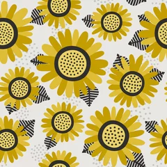 Foto auf Acrylglas Sonnenblumen im skandinavischen Stil Blumenvektor grau und gelb nahtloses Muster. Geschenkpapier-Design. © viktoriayams