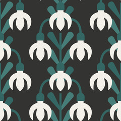 Scandinavian style snowdrops floral vector green and white seamless pattern. Wrapping paper design. - 287715068
