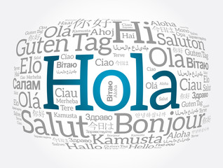 Hola (Hello Greeting in Spanish) word cloud in different languages of the world © dizain