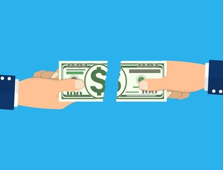 businessman hands tearing apart money banknote into two peaces. Vector illustration in flat style