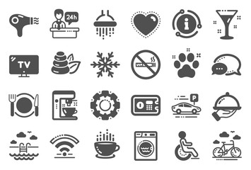 Hotel service icons. Wi-Fi, Air conditioning and Coffee maker machine. Spa stones, swimming pool and bike rental icons. Hotel parking, safe and shower. Food, coffee cup. Quality set. Vector