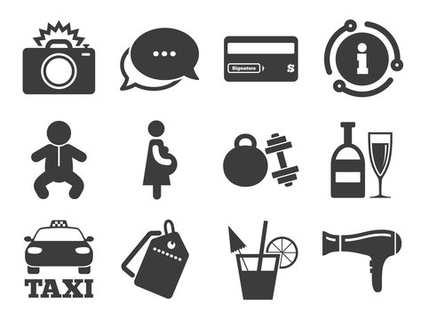Fitness gym. Discount offer tag, chat, info icon. Hotel, apartment service icons. Alcohol cocktail, taxi and hairdryer symbols. Classic style signs set. Vector