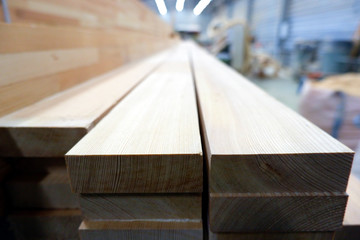 Glued pine timber beams for wooden windows closeup view