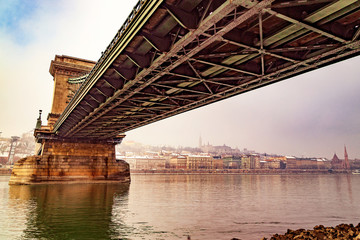Old photo with Chain Bridge in Budapest, Hungary