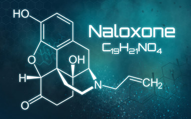 Chemical formula of Naloxone on a futuristic background