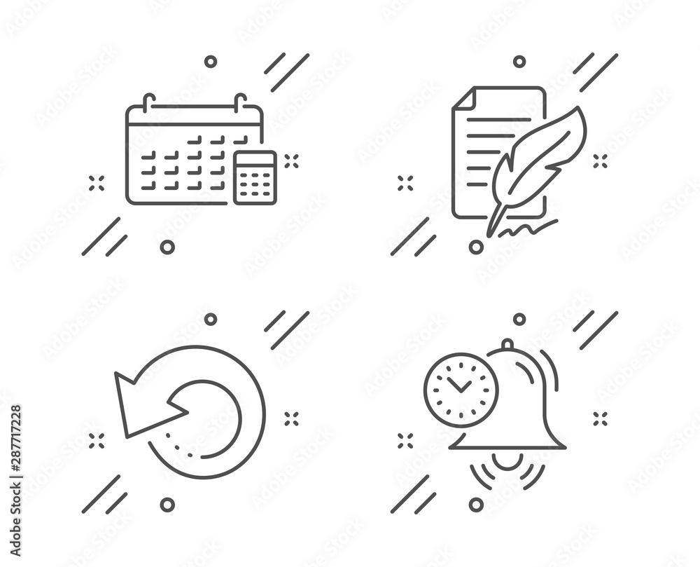 Poster recovery data, calendar and feather signature line icons set. time management sign. backup info, cal