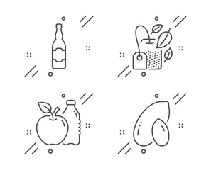 Mint bag, Beer bottle and Apple line icons set. Peanut sign. Mentha tea, Craft beer, Diet food. Vegetarian nut. Food and drink set. Line mint bag outline icon. Vector