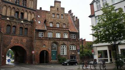 Part of Burgtor or Burg Tor nothern Gate in a gothic style, beautiful architecture, Lubeck, Germany