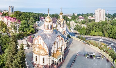 Aerial view of Church of the Holy Prince Vladimir on Mount Grapevine and seascape, Sochi, Russia.