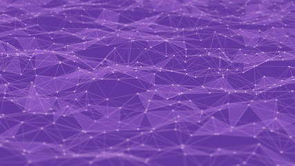 3D render. Depth of field. 8K. Polyline polygon surface. Lines, dots. Purple background.