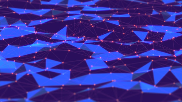 3D render. Depth of field. 8K. Polyline polygon surface. Lines, dots. Degradation. Orange, blue, purple.