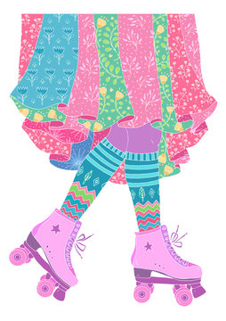 Vector color legs of a young girl in a long skirt with floral print skates in funny retro roller skates. Old school style 80s, 70s. Ornamental cute sweet vivid Design card,  print t-shirts, textile  