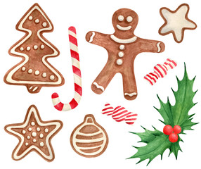 Fototapeta na wymiar Watercolor Christmas set. Hand drawn traditional cookies, gingerbread man, star, tree, ball with icing sugar, holly leaves and berries, candy cane, sweets. Elements for holiday, cards, wrapping paper.