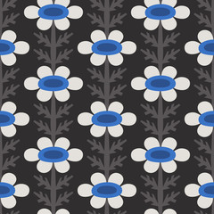Scandinavian style chamomiles floral vector black and blue seamless pattern. Wrapping paper design. - 287718420