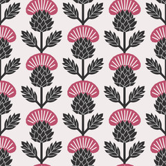 Scandinavian style thistle floral vector black and dark pink seamless pattern. Wrapping paper design.