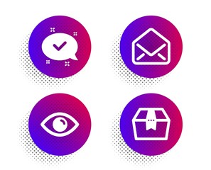 Approved, Eye and Mail icons simple set. Halftone dots button. Package box sign. Chat message, View or vision, E-mail. Delivery goods. Technology set. Classic flat approved icon. Vector